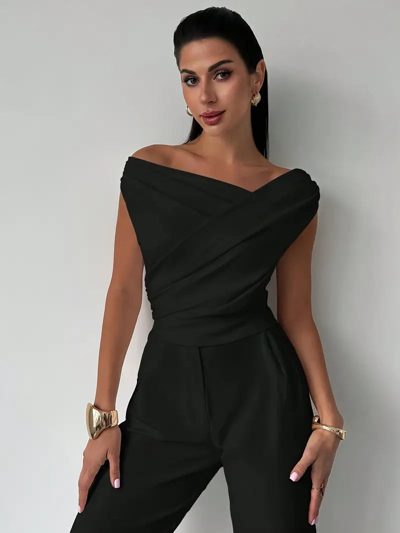 Women's Elegant Draped Shoulder Top with Subtle Cross Detail
