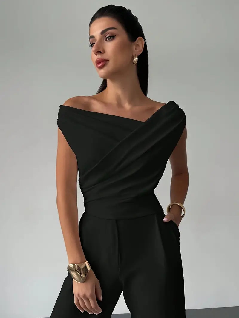 Women's Elegant Draped Shoulder Top with Subtle Cross Detail