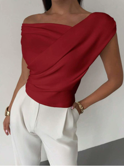 Women's Elegant Draped Shoulder Top with Subtle Cross Detail