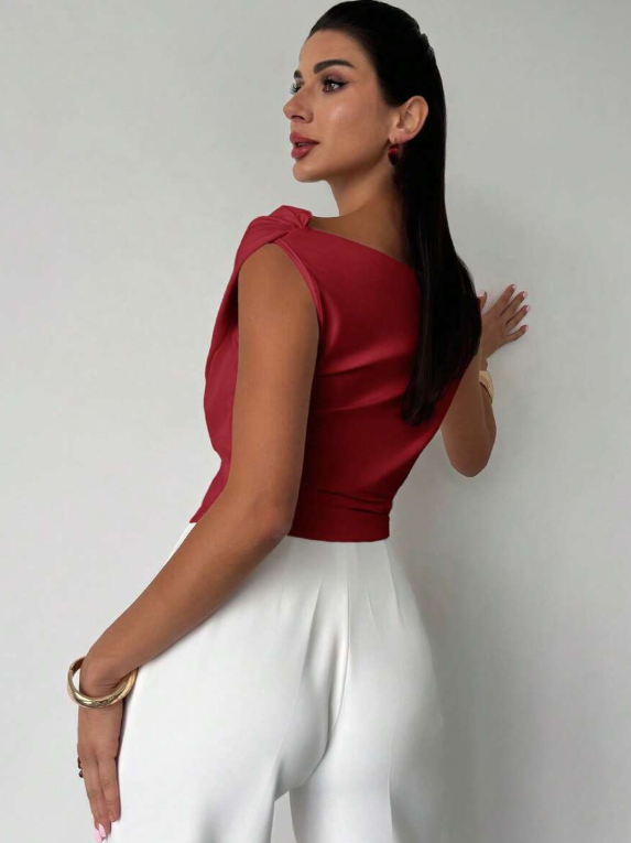 Women's Elegant Draped Shoulder Top with Subtle Cross Detail