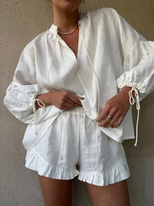 Women's Relaxed-Fit Ruffle Lounge Set with Adjustable Tie Sleeves