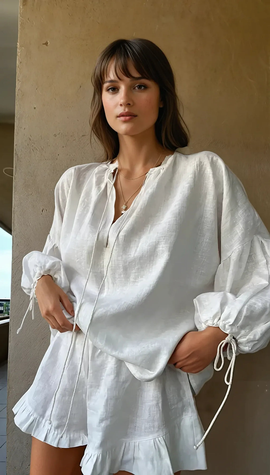 Women's Relaxed-Fit Ruffle Lounge Set with Adjustable Tie Sleeves