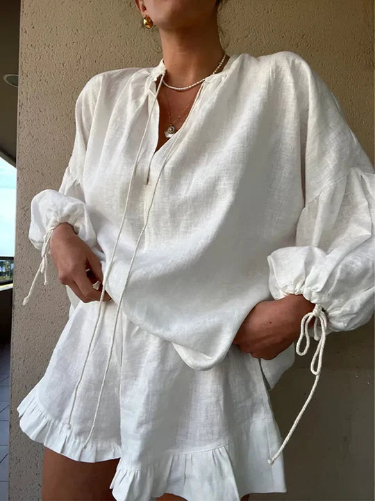 Women's Relaxed-Fit Ruffle Lounge Set with Adjustable Tie Sleeves