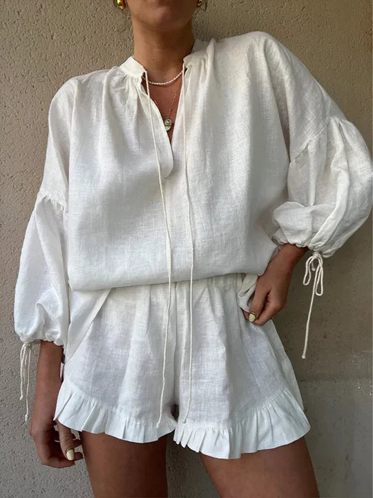 Women's Relaxed-Fit Ruffle Lounge Set with Adjustable Tie Sleeves