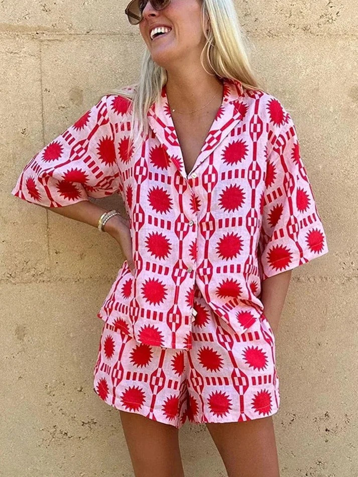 Women's Summer Geometric Print Shirt and Shorts Set