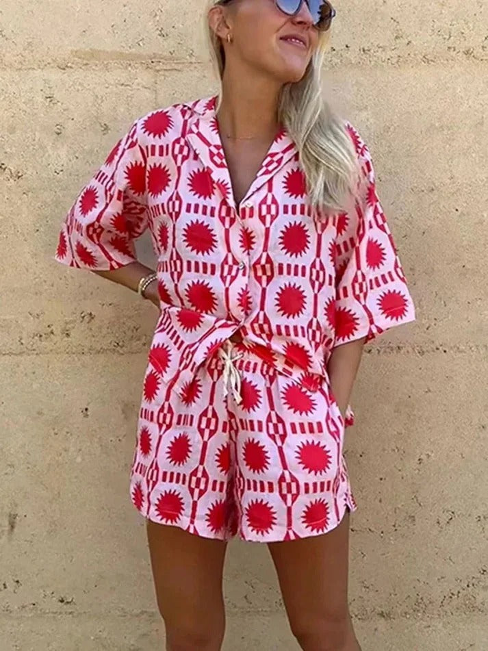 Women's Summer Geometric Print Shirt and Shorts Set