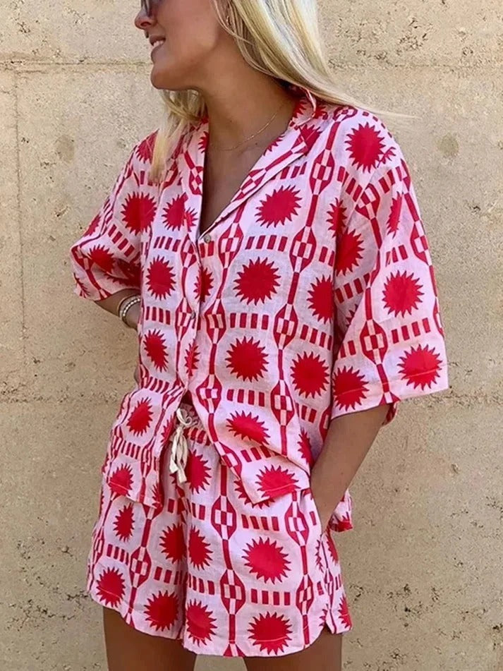 Women's Summer Geometric Print Shirt and Shorts Set
