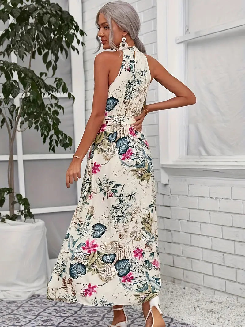 Women's Soft Draping Floral Belted Halter Party Beach Dress