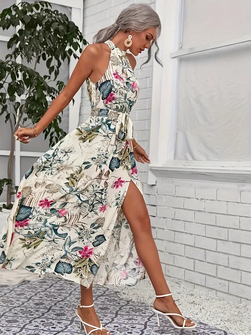 Women's Soft Draping Floral Belted Halter Party Beach Dress