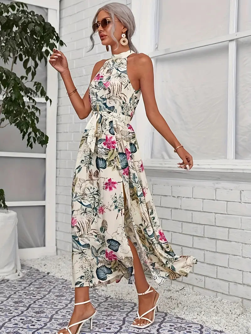 Women's Soft Draping Floral Belted Halter Party Beach Dress