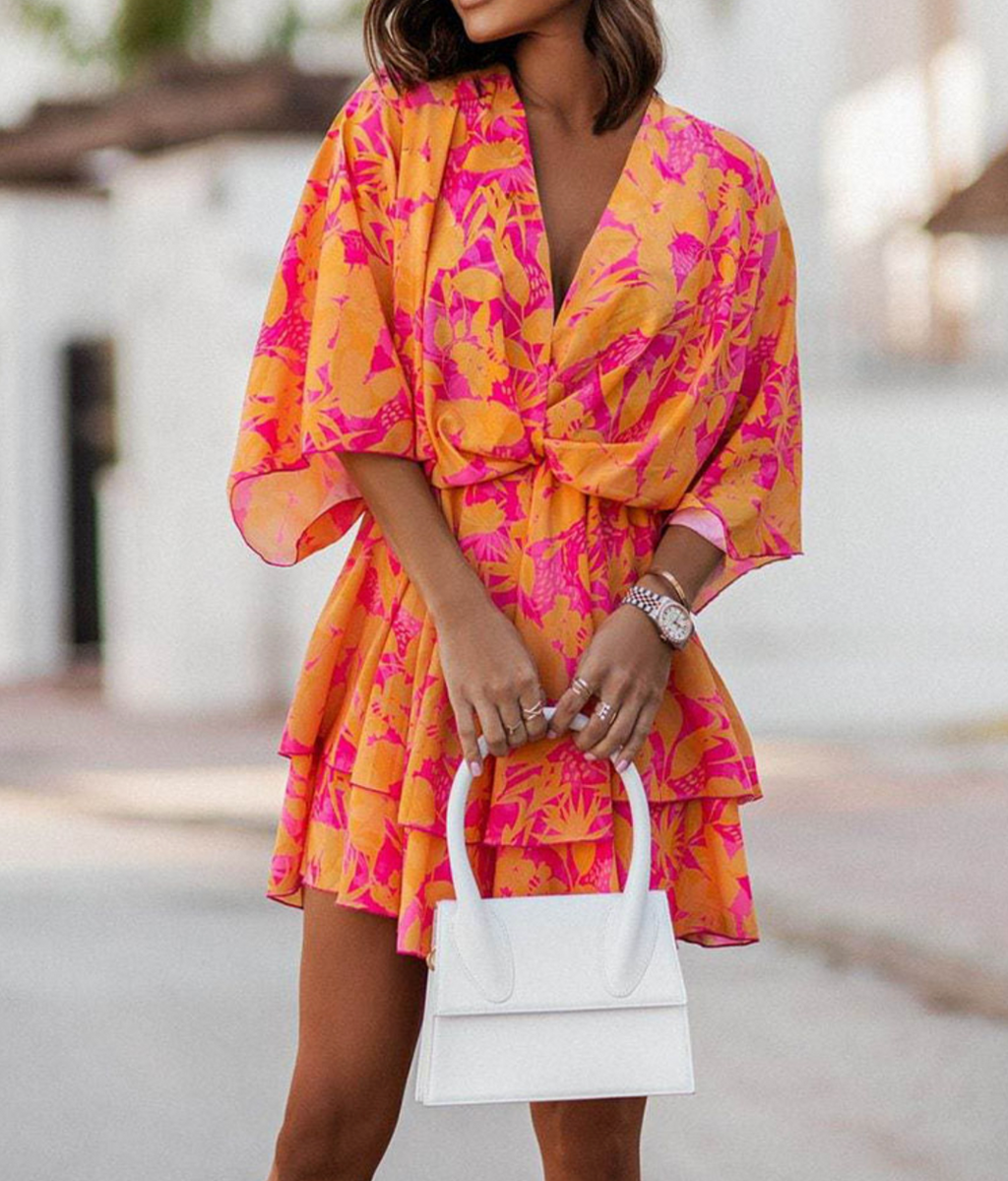 Women's Summery Boho Floral Twist-Front Mini Dress