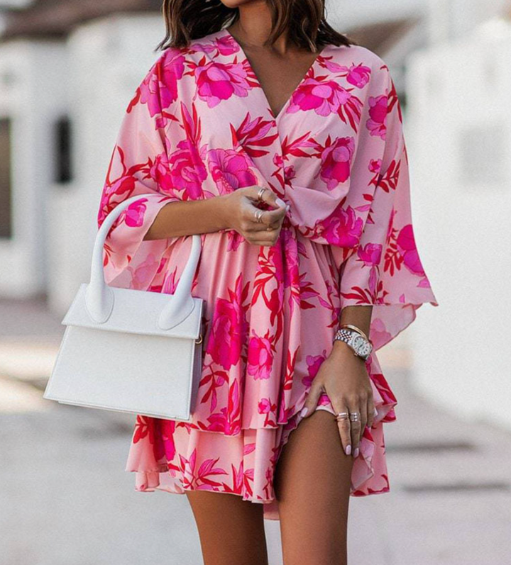 Women's Summery Boho Floral Twist-Front Mini Dress