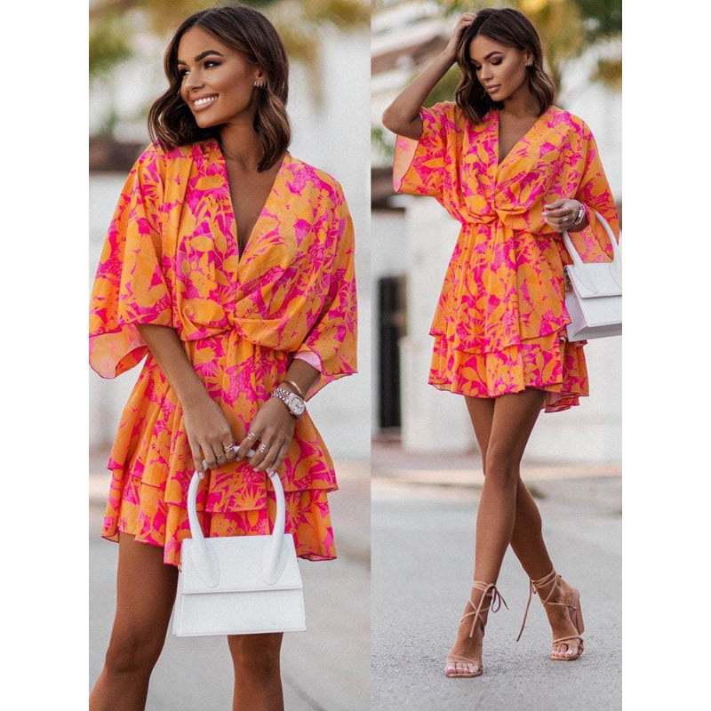 Women's Summery Boho Floral Twist-Front Mini Dress