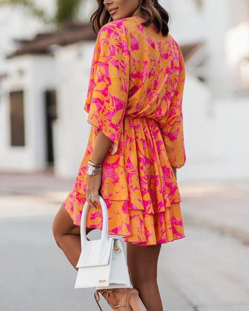 Women's Summery Boho Floral Twist-Front Mini Dress
