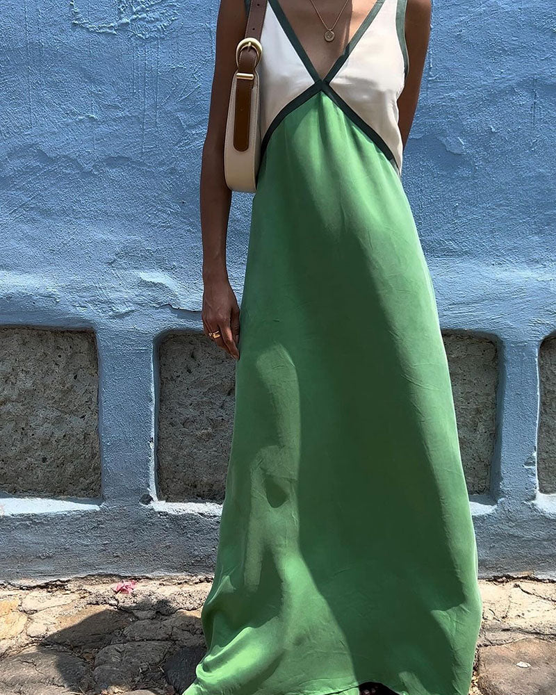 Modern Flattering Contrast Colour V-Neck Maxi Dress for Women