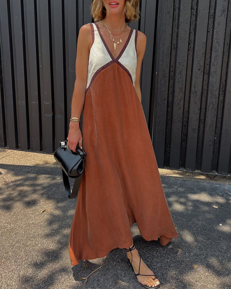 Modern Flattering Contrast Colour V-Neck Maxi Dress for Women