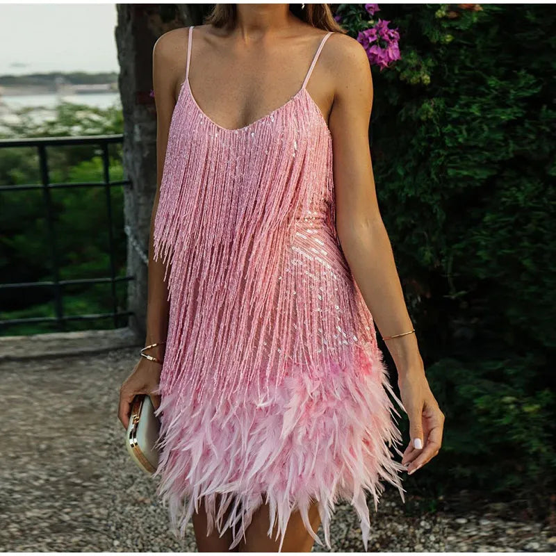 Women's Dazzling Flowy Party Feather Mini Dress