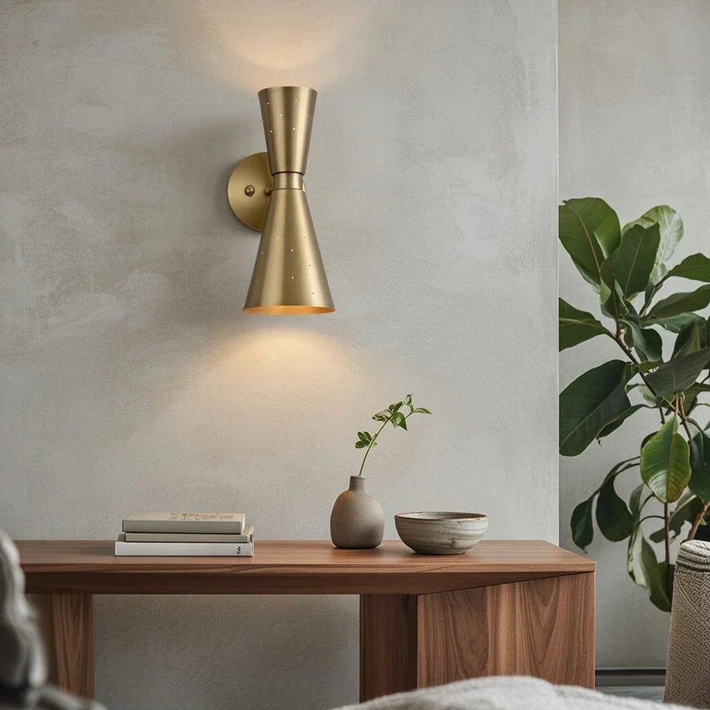 Mid Century Modern Hourglass Metal Wall Sconce Perforated Shades - Image 5