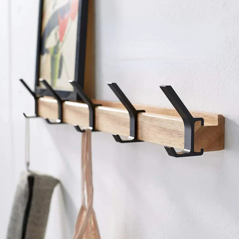 Wall Mounted Coat Rack Black Wood Adjustable Hooks Entryway Organizer