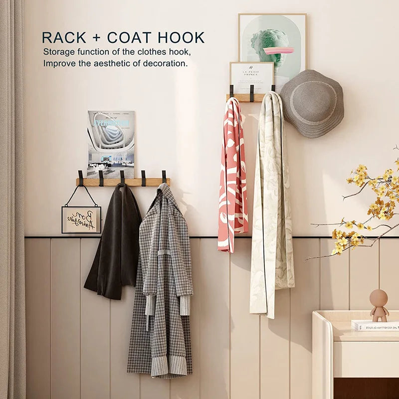 Wall Mounted Coat Rack Black Wood Adjustable Hooks Entryway Organizer - Image 4