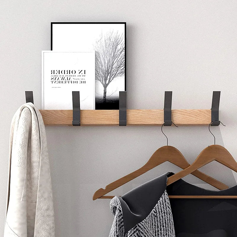 Wall Mounted Coat Rack Black Wood Adjustable Hooks Entryway Organizer - Image 3