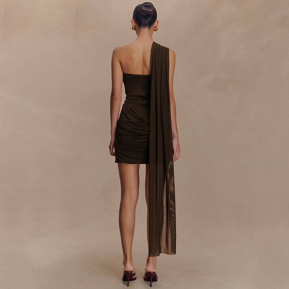 One Shoulder Bodycon Dress Ruched Mini Summer Party Clubwear - Image 4