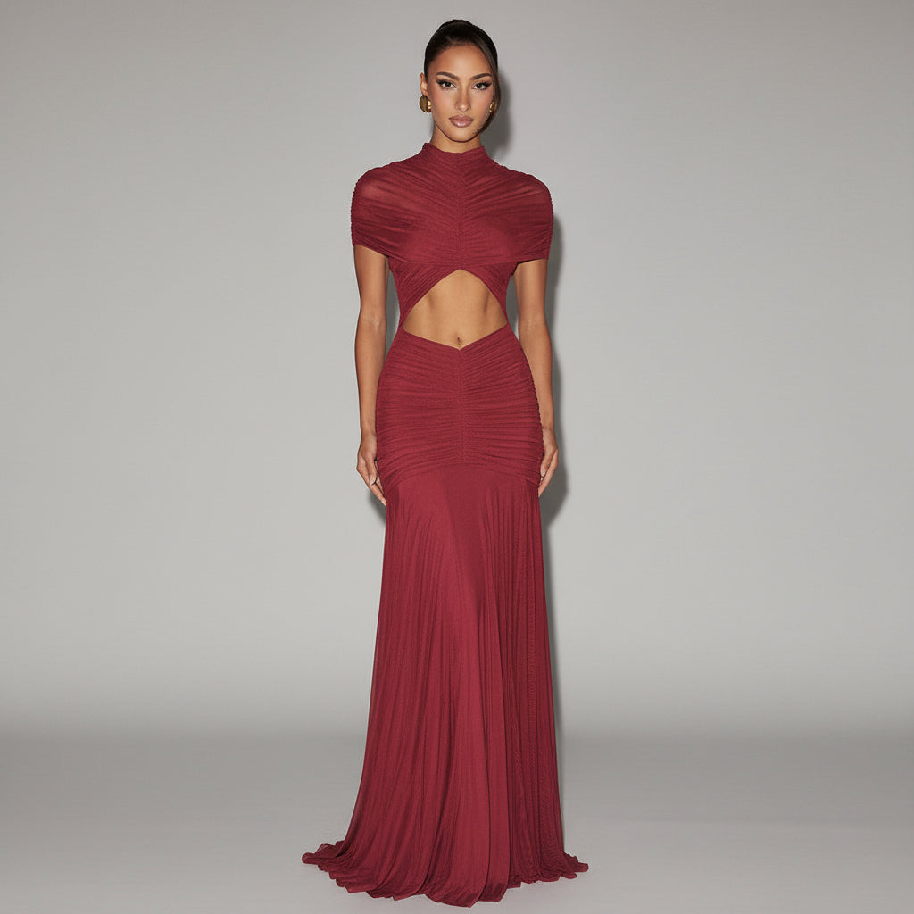 Women's Ruched Bodycon Maxi Dress Sexy Cutout Solid Color Long Dress - Image 4
