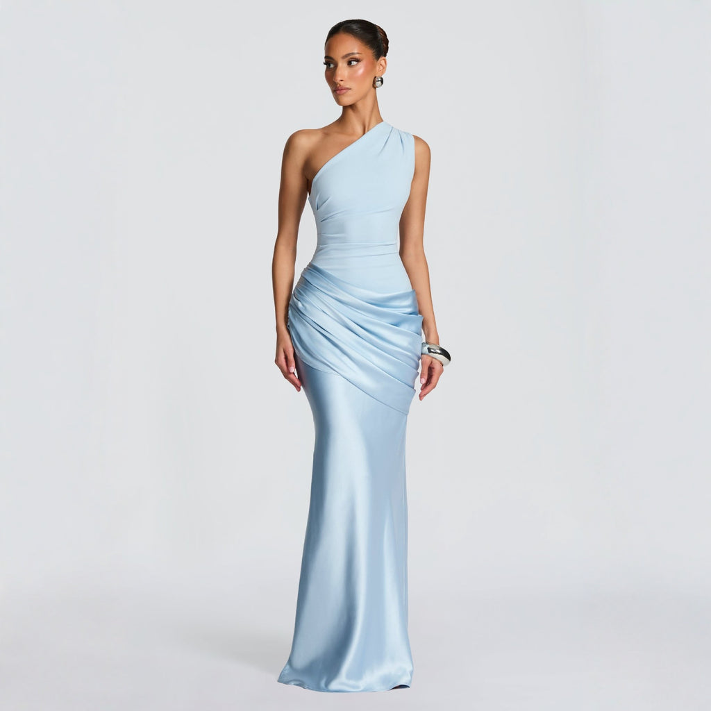 Satin Maxi Dress Long Sleeve Ruched Bodycon Elegant Evening Gown - Image 2