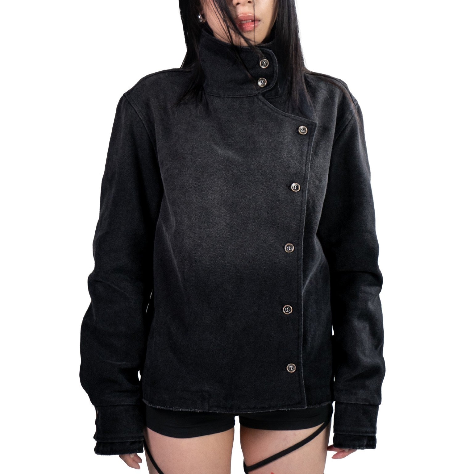 Washed Vintage Jacket Stand Collar Loose Fit Streetwear Button Front Black - Image 3