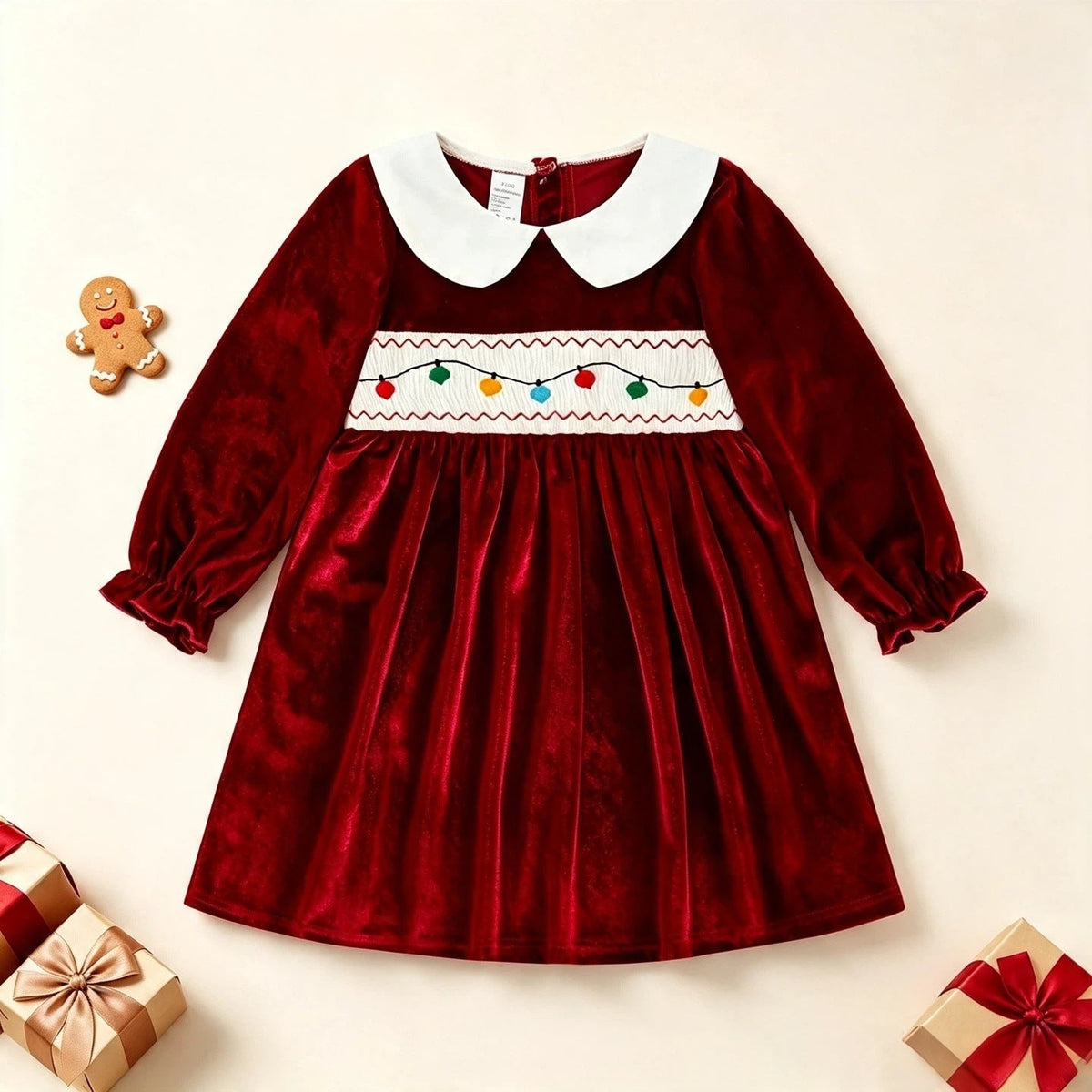 Vintage A Line Velvet Girls Dress Embroidered Peter Pan Collar