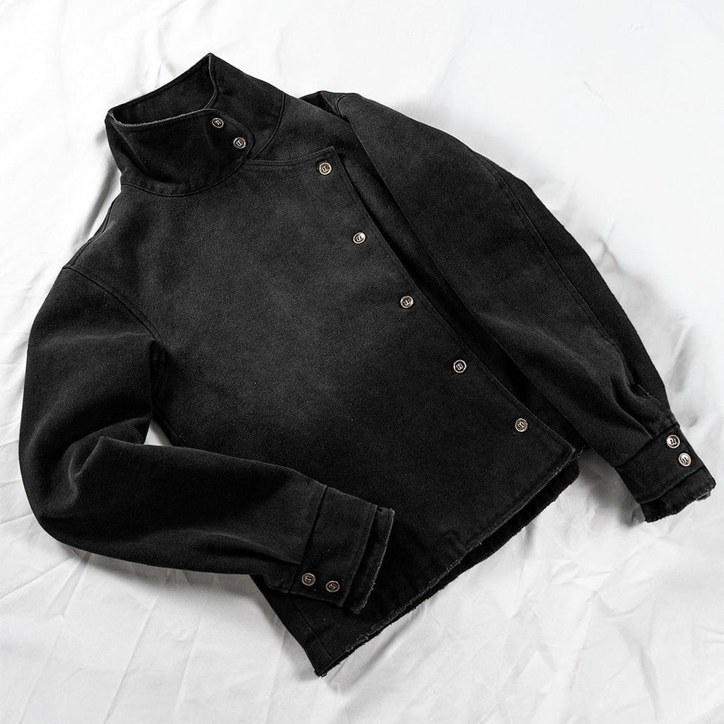 Washed Vintage Jacket Stand Collar Loose Fit Streetwear Button Front Black - Image 4