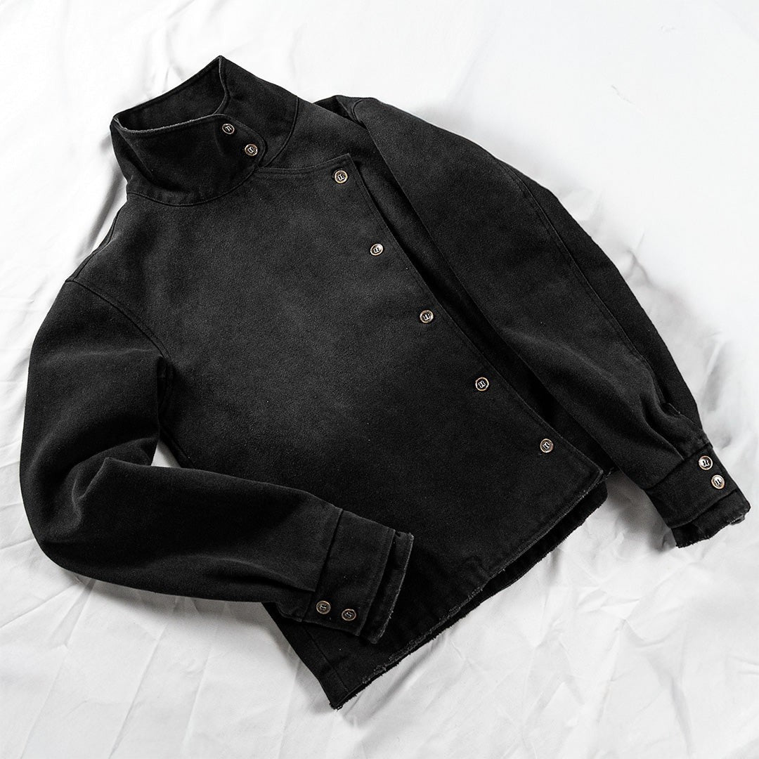 Washed Vintage Jacket Stand Collar Loose Fit Streetwear Button Front Black - Image 4