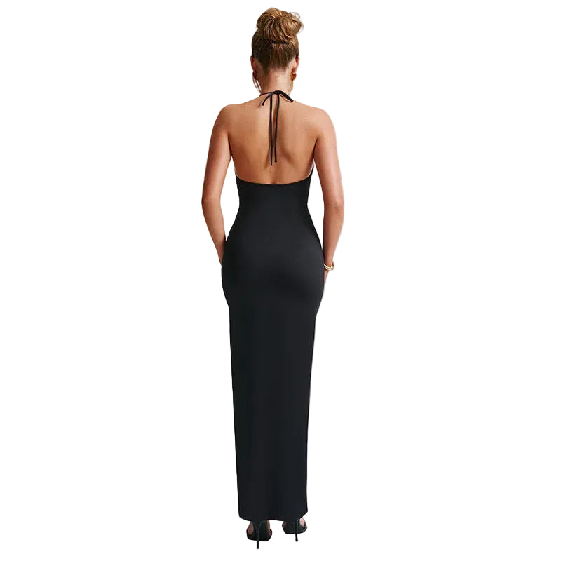 Backless Slit Maxi Dress Halter Neck Bodycon Ruched Evening Gown - Image 3