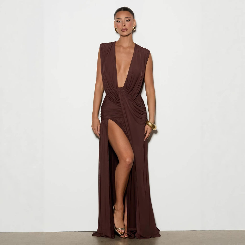 Deep V Neck Ruched Bodycon Midi Dress Asymmetrical Hem Sleeveless - Image 2