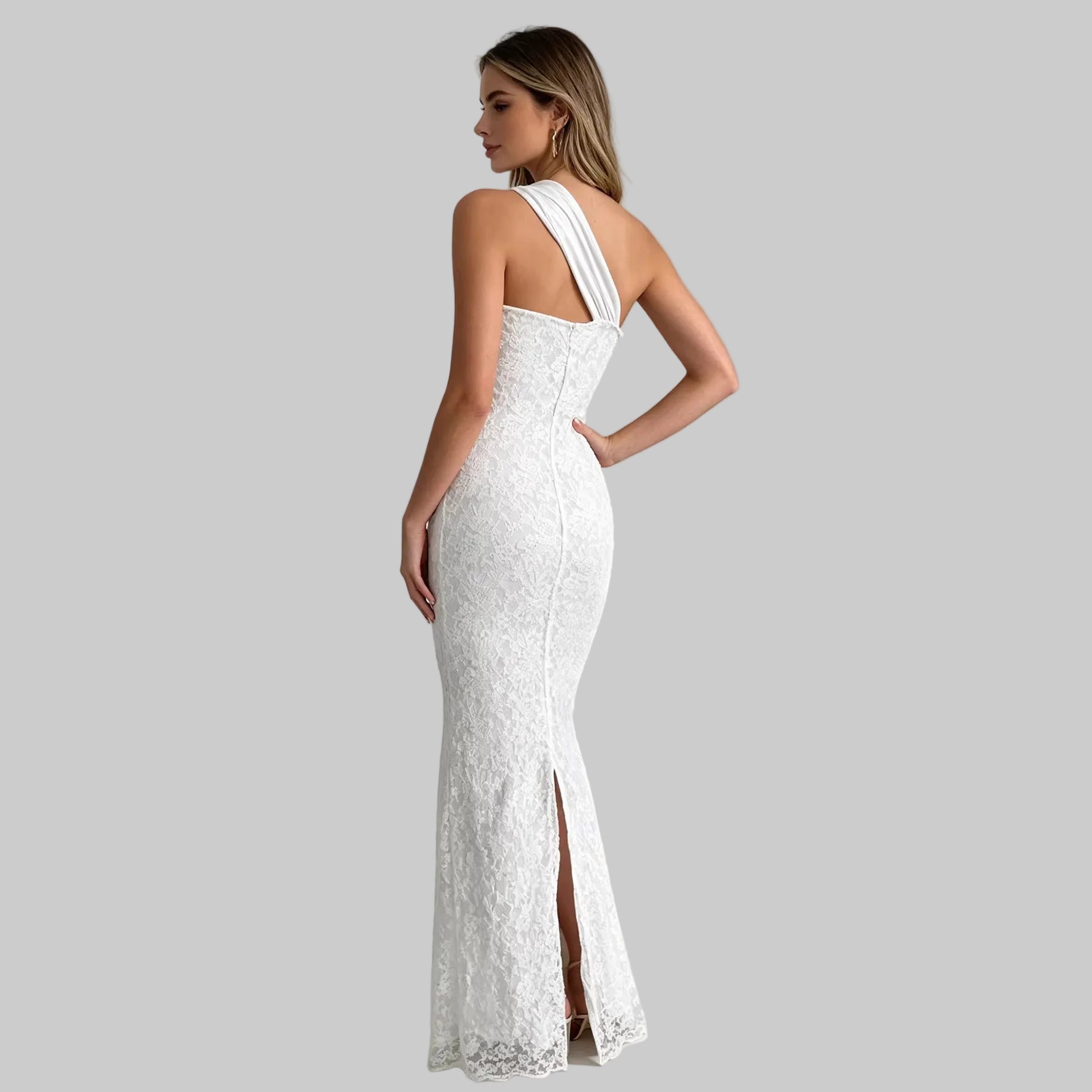 One Shoulder Lace Bodycon Maxi Dress Sleeveless Slim Fit Party Dress - Image 3