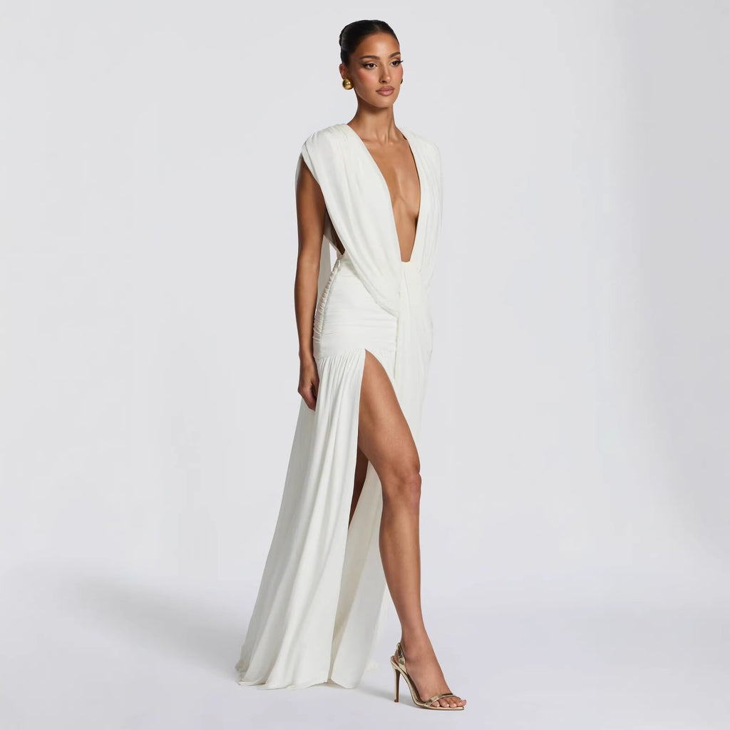 Deep V Neck Ruched Bodycon Midi Dress Asymmetrical Hem Sleeveless - Image 4