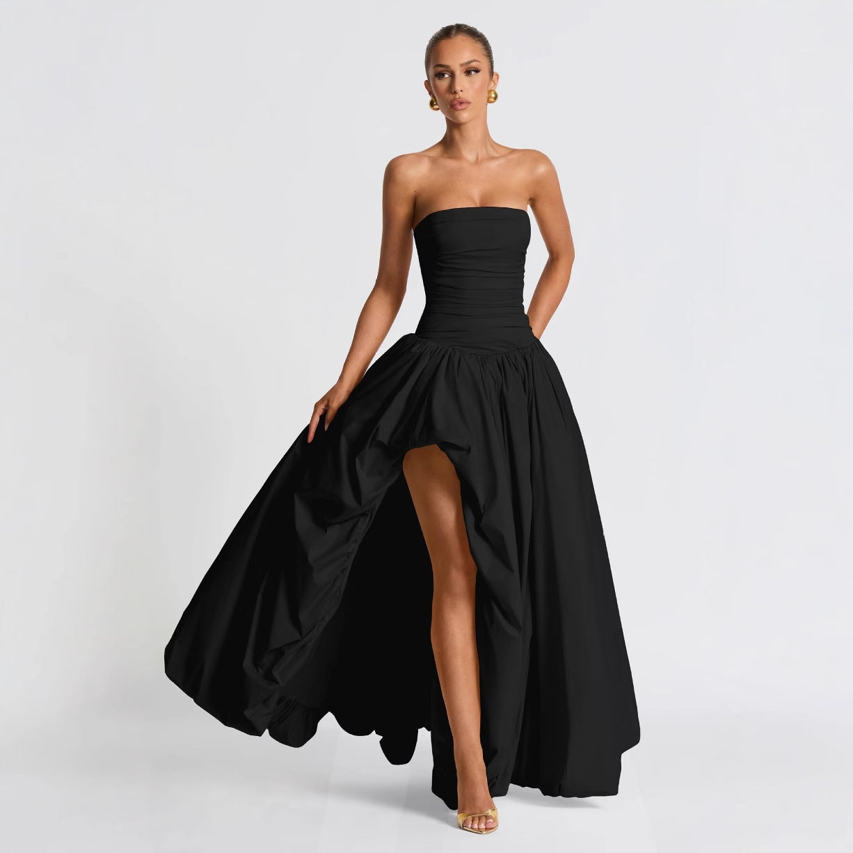 Strapless Maxi Dress Ruched Bodycon Summer Party Dress Women - Image 4