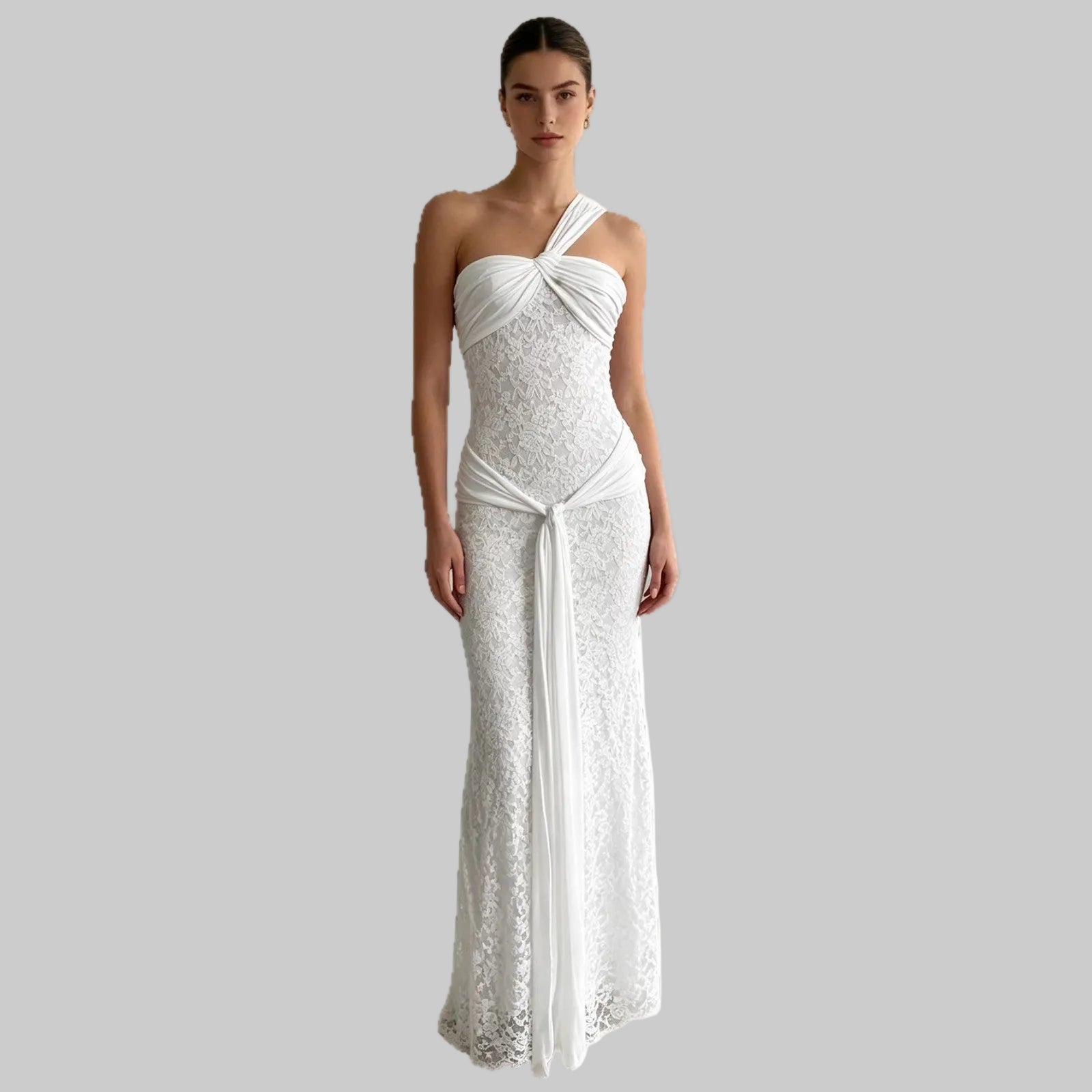 One Shoulder Lace Bodycon Maxi Dress Sleeveless Slim Fit Party Dress - Image 5