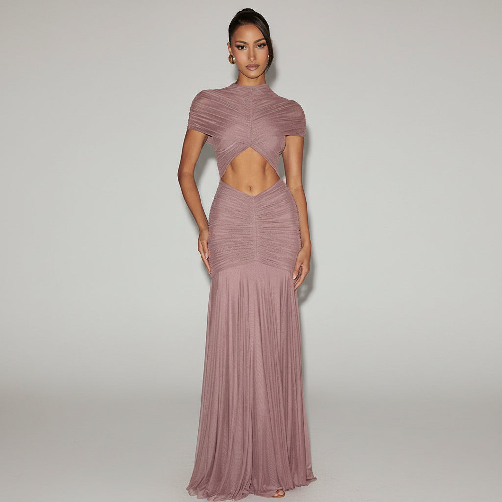 Women's Ruched Bodycon Maxi Dress Sexy Cutout Solid Color Long Dress - Image 3