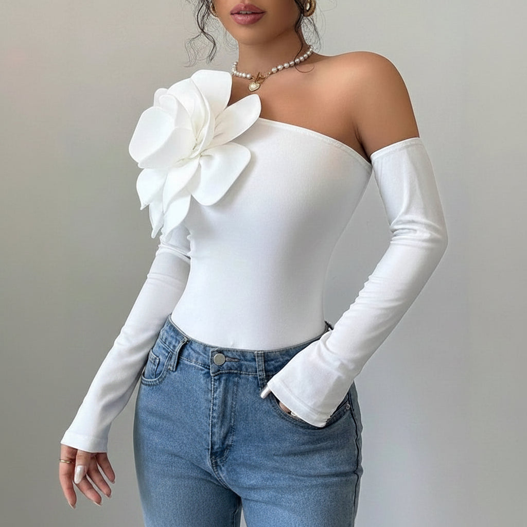 Off Shoulder Bodysuit Long Sleeve White Party Elegant Sexy Women - Image 2