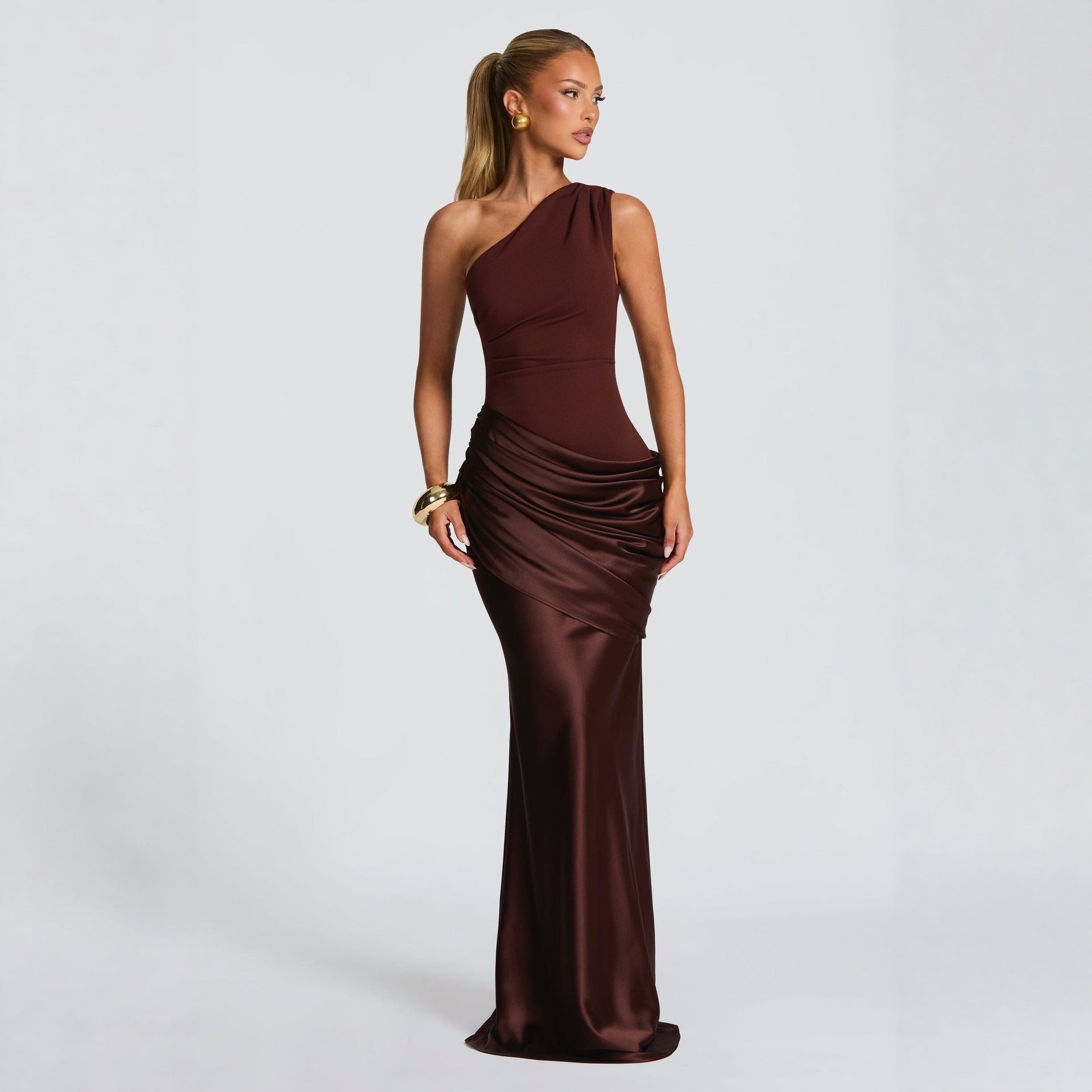 Satin Maxi Dress Long Sleeve Ruched Bodycon Elegant Evening Gown - Image 3