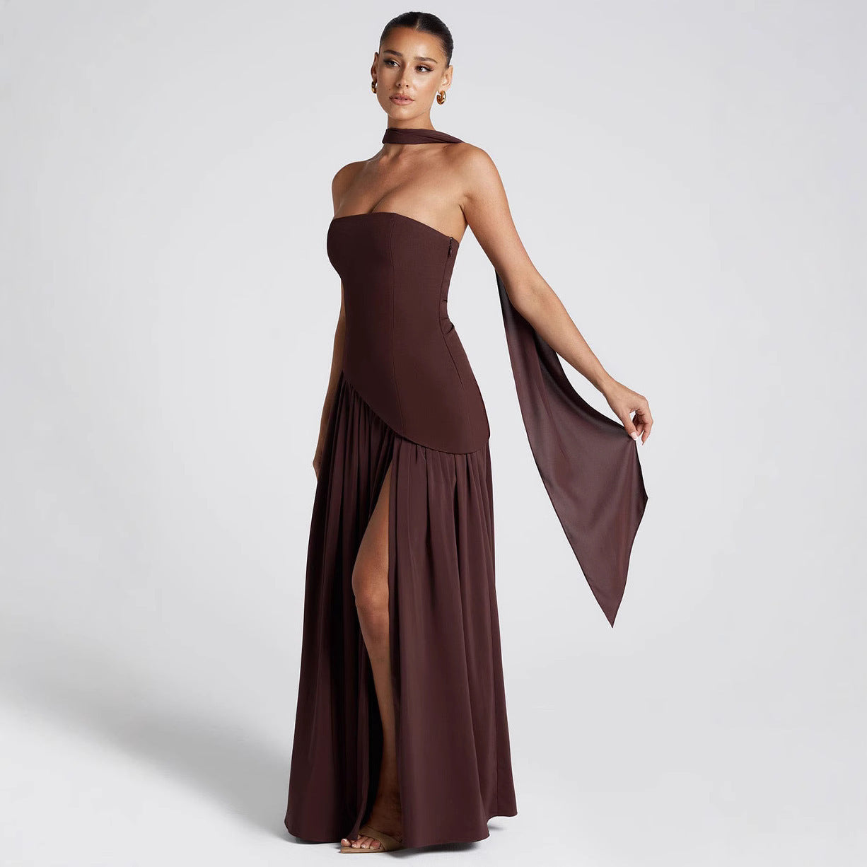 Long Sleeve Bodycon Midi Dress Ruched Slim Fit Fall Winter Party Dress - Image 3