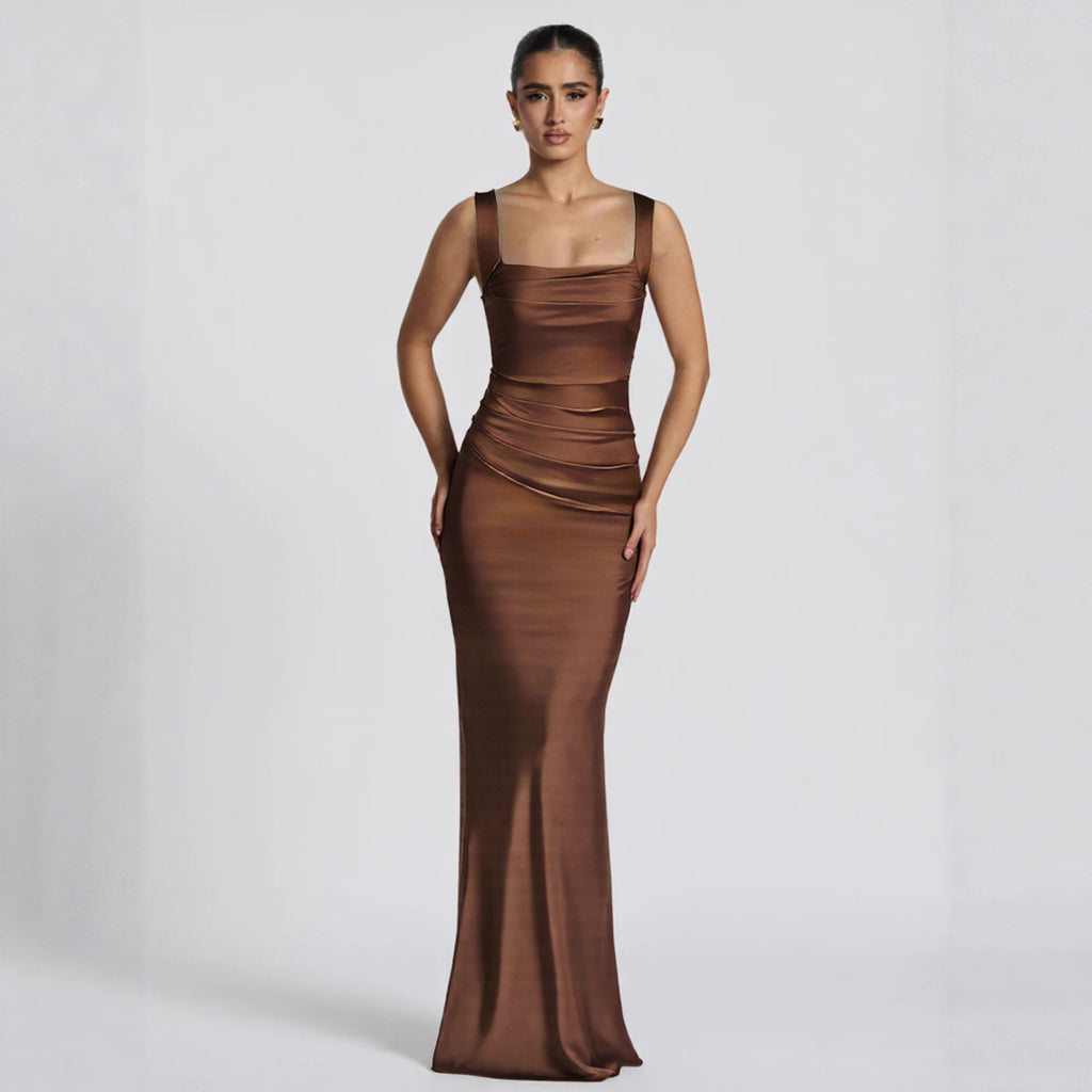 Ruched Maxi Dress Spaghetti Strap Bodycon Evening Gown