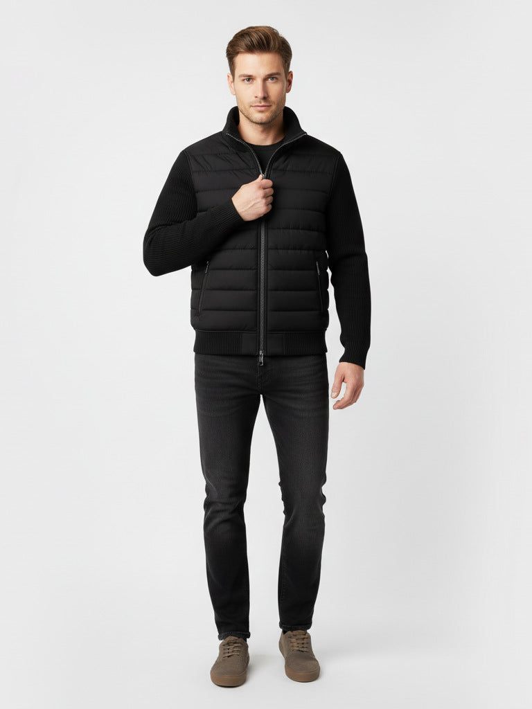 Men's Quilted Knitted Sleeve Jacket with Zipper and Pockets