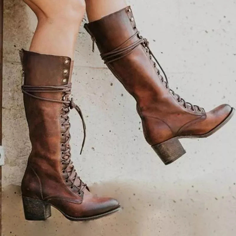 Women’s Fashion Heel Lace-Up Knee-High Boots