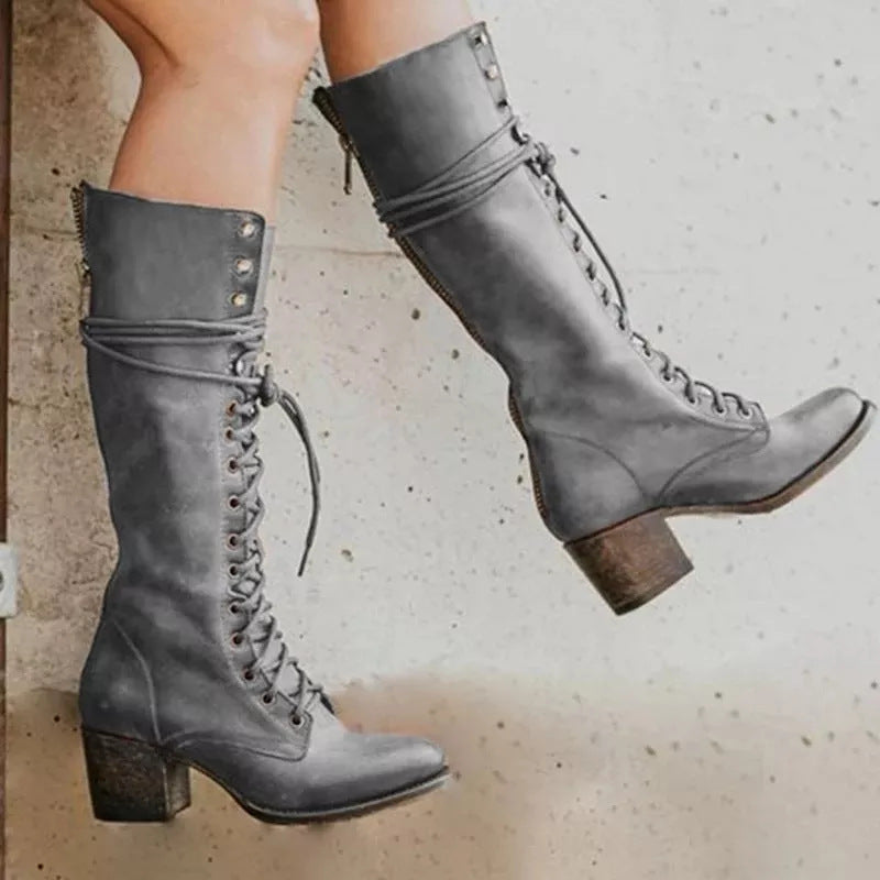 Women’s Fashion Heel Lace-Up Knee-High Boots