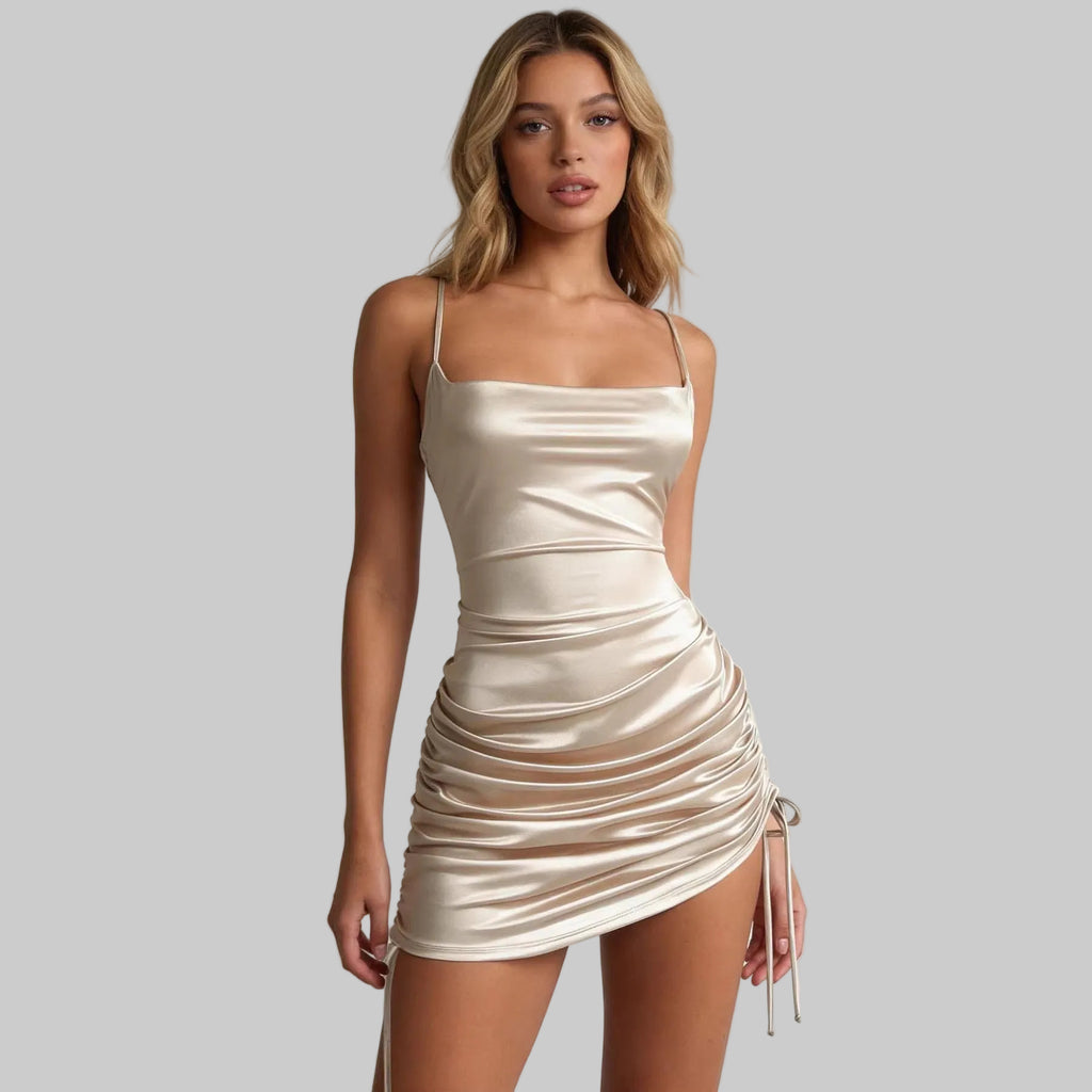 Women's Backless Mini Dress Ruched Bodycon Spaghetti Strap