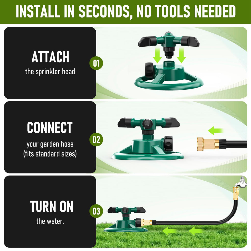 360 Rotating Garden Sprinkler 3 Arm Automatic Large Area Lawn Watering