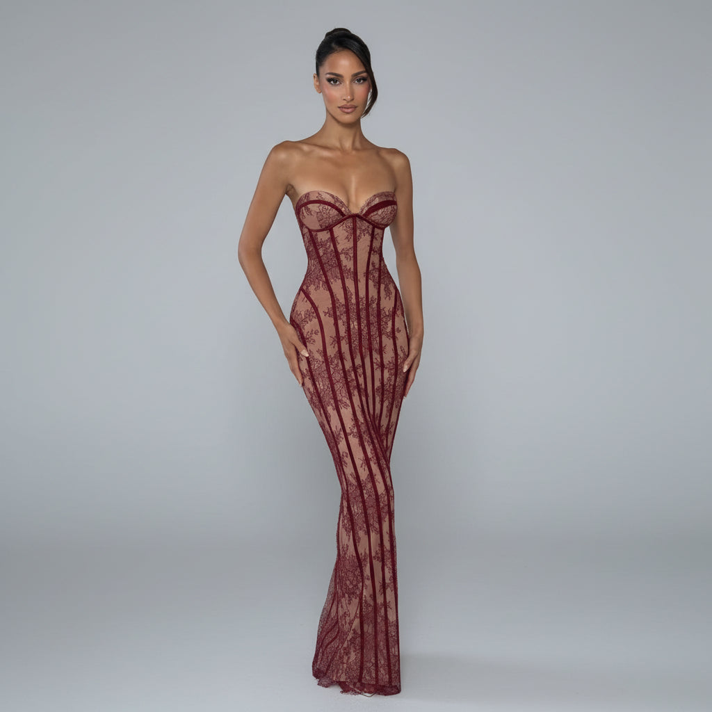Women's Long Sleeve Maxi Dress Lace Bodycon Mermaid Wedding Guest