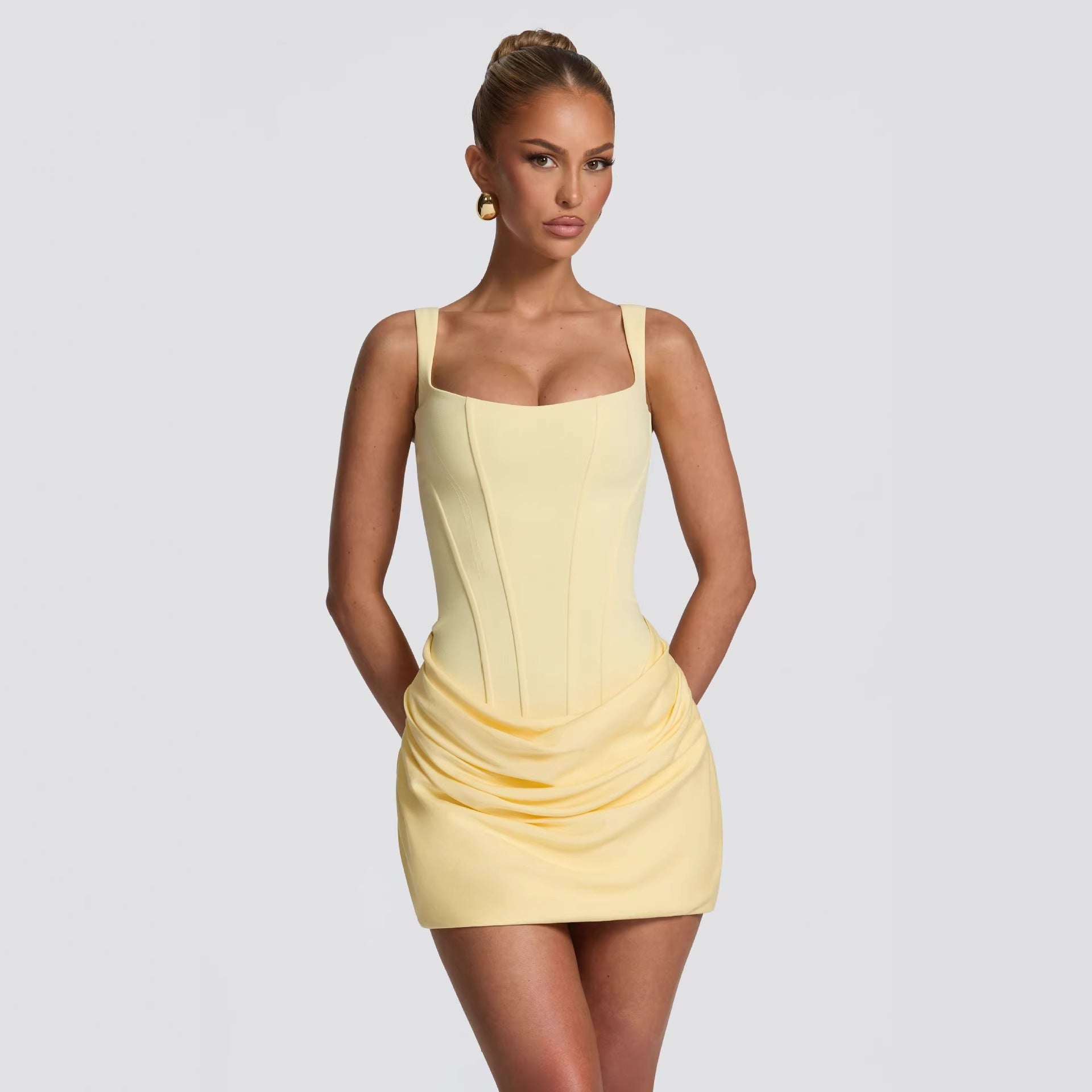 Sleeveless Bodycon Mini Dress Square Neck Ruched Summer Clubwear - Image 2
